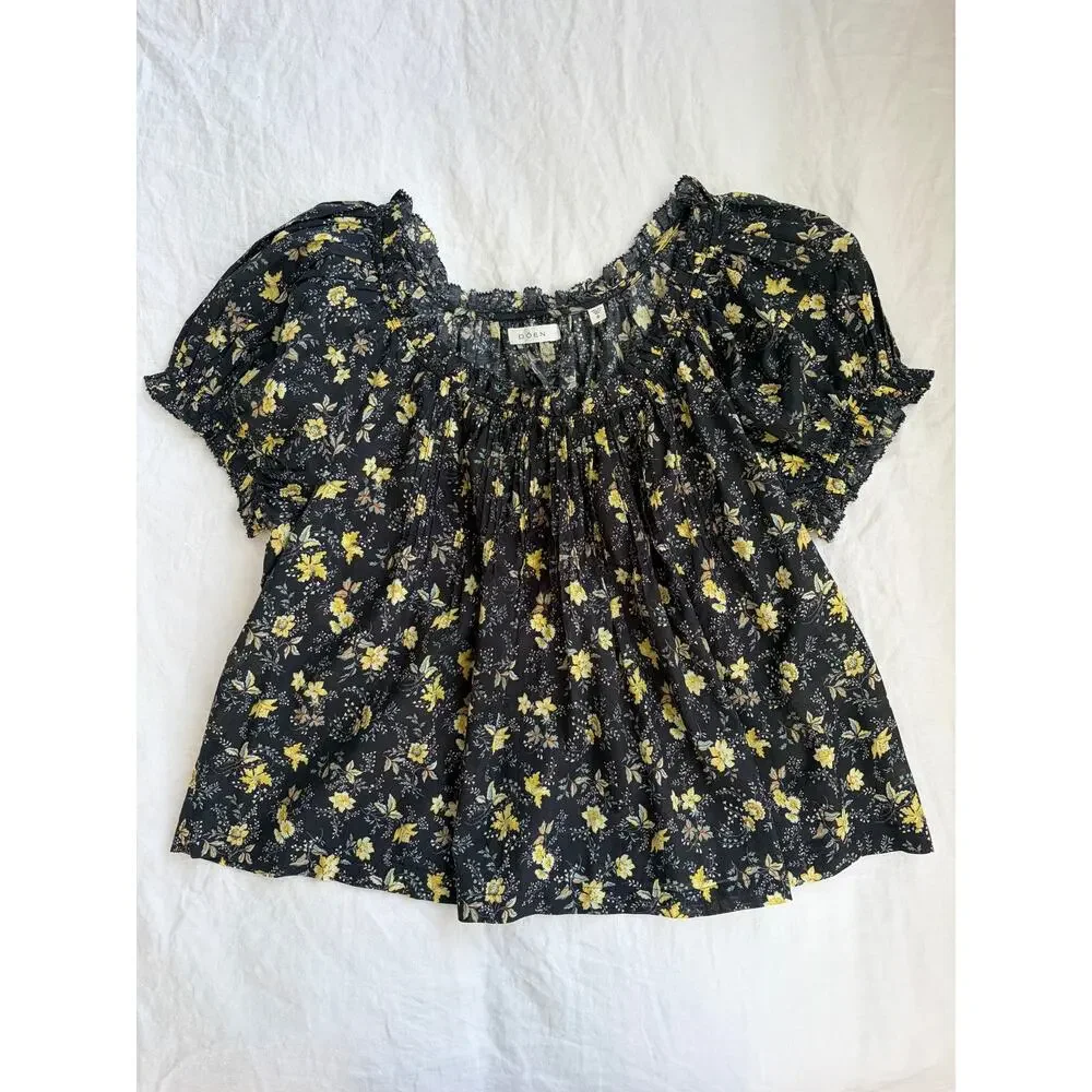 Doen Frederica Cotton Floral Puff Short Sleeve Blouse Top Winding Blossom